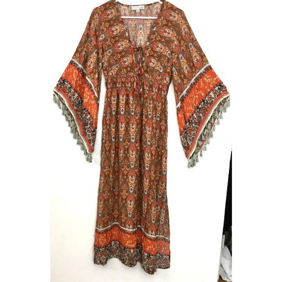 Luukse Allover Print Flounce Sleeve A-Line Kaftan Maxi Dress Boho Hippie Sz S - Picture 3 of 9